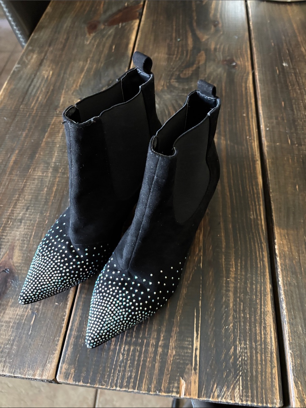 Azure….Black Rhinestone Pointed Toe Ankle Boots - Women